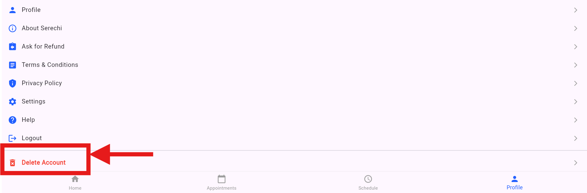 Screenshot showing Delete Account button in the Profile menu of Serechi app